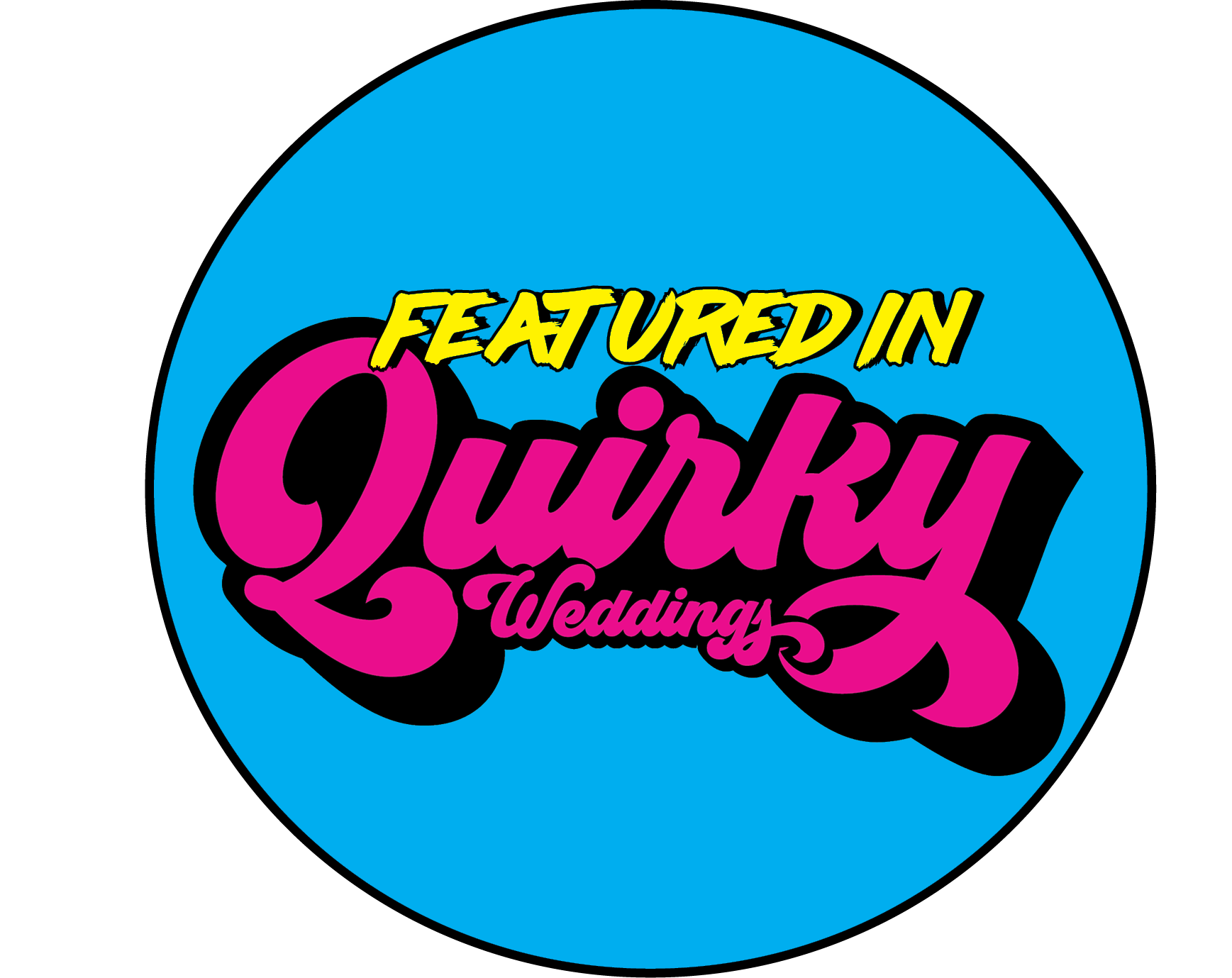 Blue circular logo with the text "Featured in Quirky Weddings" in pink and yellow.